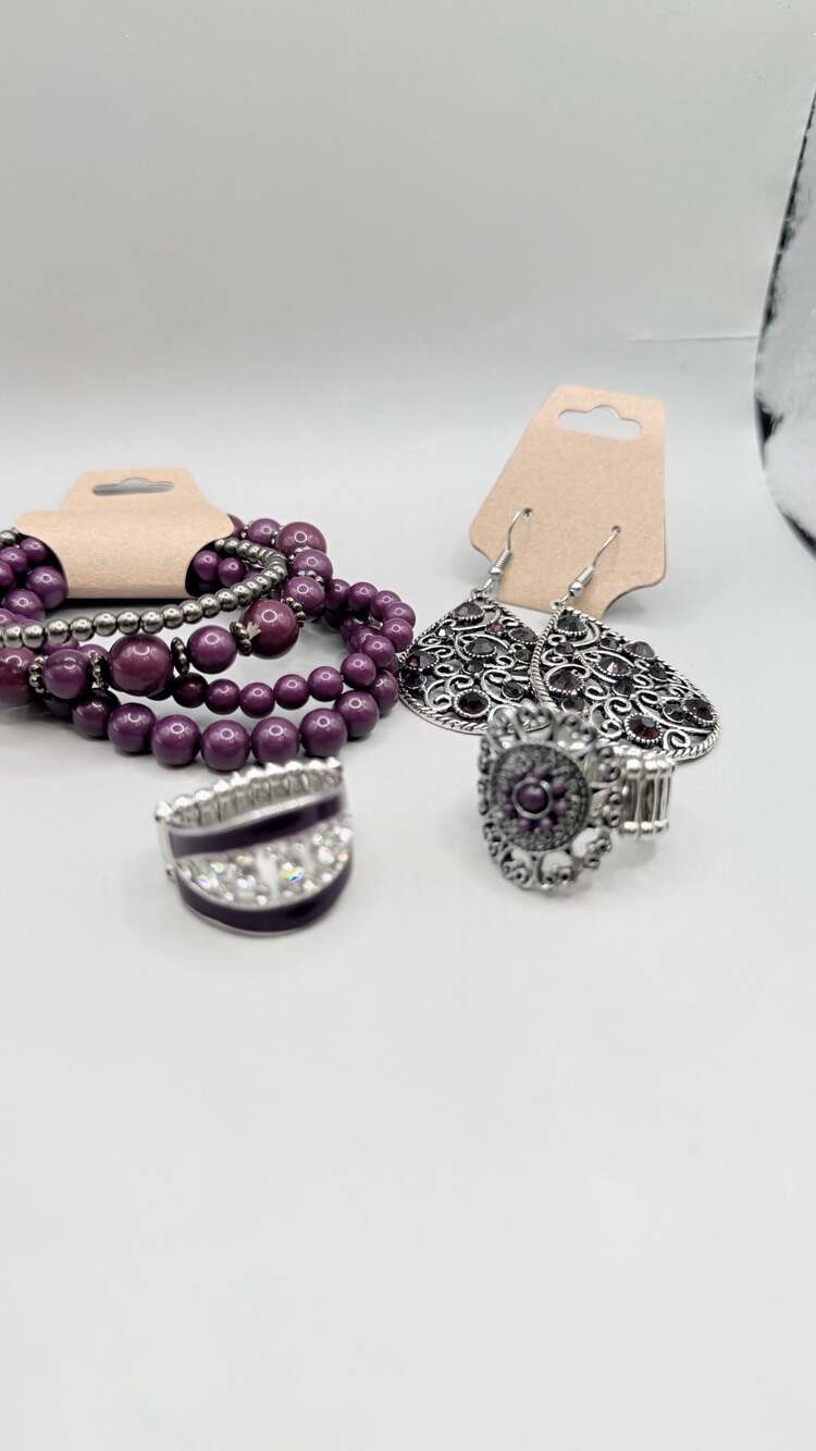 4 Piece Purple & Silver Statement Jewelry Bundle – Bracelets Earrings Rings
